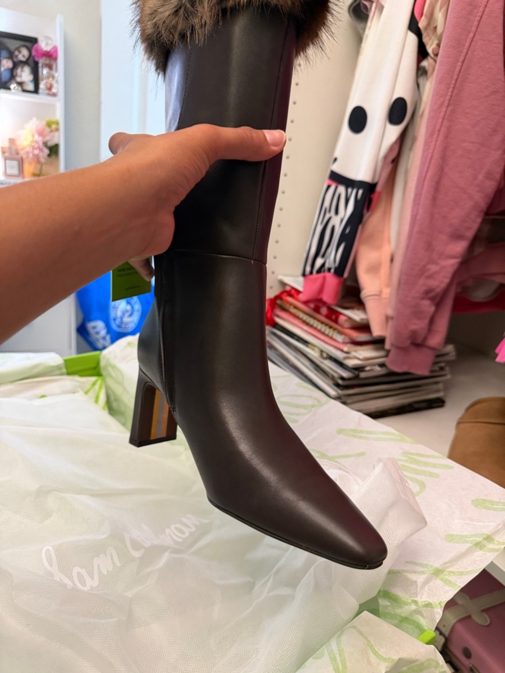 Sam Edelman Black Leather Knee-High Boots with Brown Fur Cuff - Picture 12 of 12